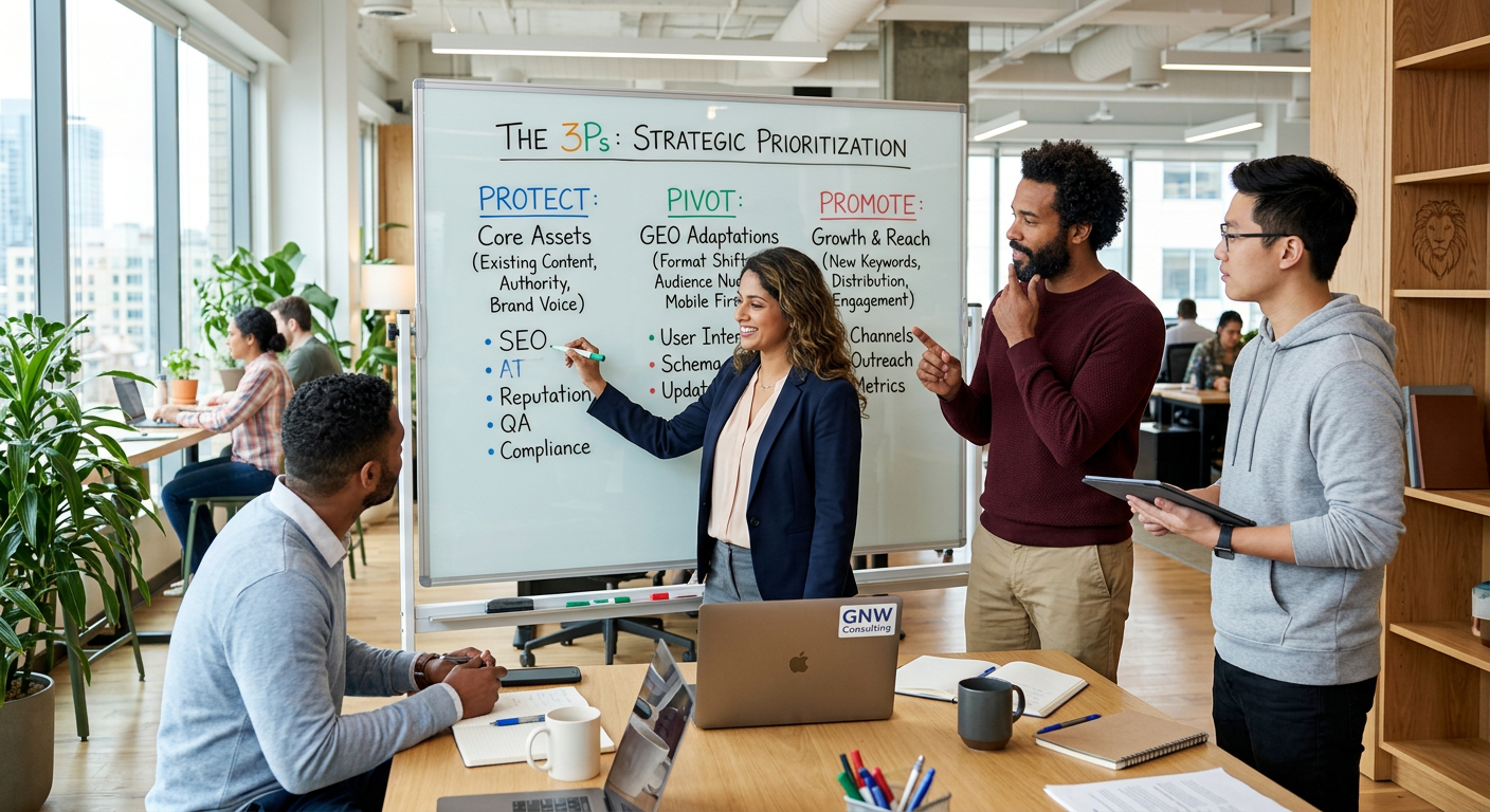 Whiteboard illustration of the 3Ps: Protect, Pivot, Promote, for content prioritization.